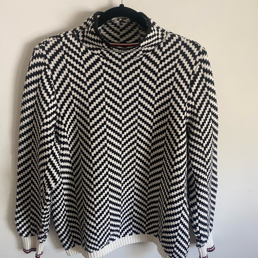 Tommy Hilfiger Women's Black and White Knit Mock Turtleneck Sweater Preppy‎